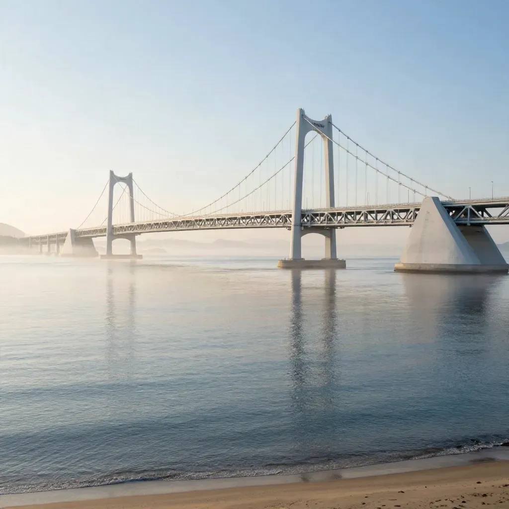 새벽 안개 속 부산 광안대교와 해안선이 높은 시점에서 보이는 와이드 풍경